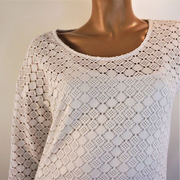 Peck And Peck White Tunic Top Cutout Pattern Stretch 3/4 Sleeve Lined Sz Small - Picture 7 of 9